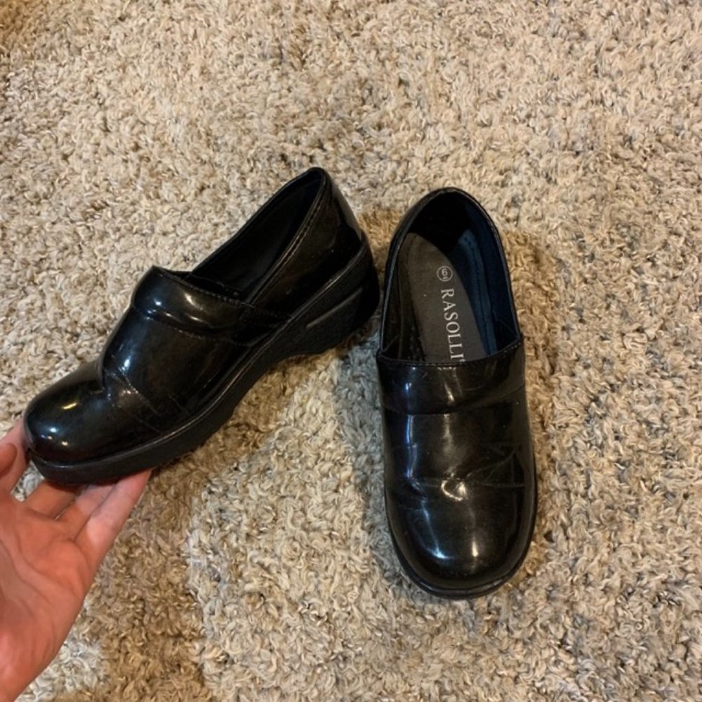Black Rasolli Glossy Leather Clogs Size 6 - Picture 1 of 5